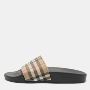 Burberry Beige/Black House Check PVC Furley Flat Slides Size 36