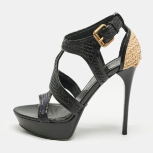 Burberry Black/Beige Leather and Raffia Prorsum Platform Sandals Size 38