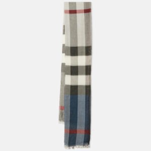 Burberry Blue/Grey Checked Raw Edge Scarf