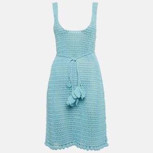 Burberry Blue Crochet Belted Sheer Tank Dress L