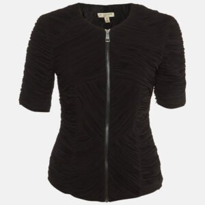 Burberry Black Crepe Plisse Zip Front Top S