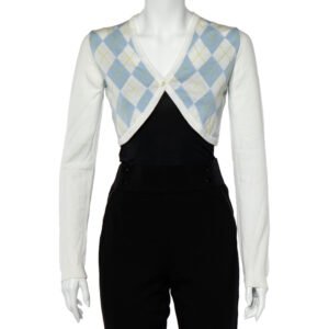 Burberry White Argyle Cotton Knit Cropped Cardigan S