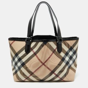 Burberry Beige/Black Supernova Check Coated Canvas and Patent Leather Nickie Tote