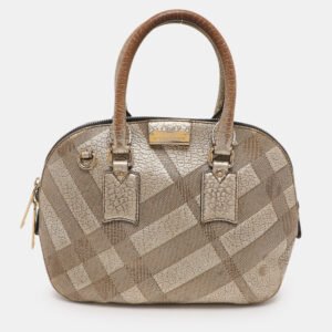 luxury-women-burberry-used-handbags-p1128725-001 Burberry Gold Heritage Grain Check Embossed Leather Orchard Bowling Bag