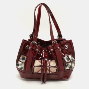 Burberry Red Nova Check Canvas and Patent Leather Small Warrior Armor Hobo