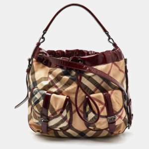 luxury-women-burberry-used-handbags-p1150612-016 Burberry Beige/Burgundy Nova Check PVC and Patent Leather Drawstring Hobo