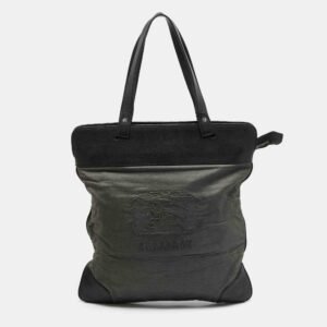Burberry Black/Grey Logo Embroidered Fabric and Leather Flat Tote