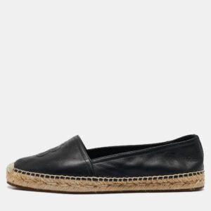 Burberry Black Leather Tabitha Logo Espadrille Flats Size 37