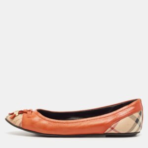 Burberry Dark Orange Leather And Coated Canvas Bow Toe Cap Ballet Flats Size 37.5
