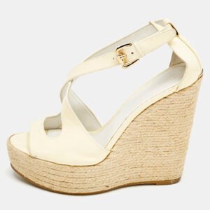 Burberry Cream Patent Peep Toe Wedge Espadrilles Sandals Size 37