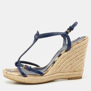 Burberry Navy Blue Leather Espadrille Wedge Sandals Size 38