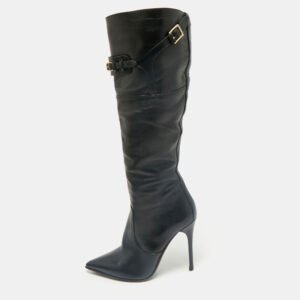 Burberry Black Leather Buckle Pointed Toe Knee Length Boots Size 38