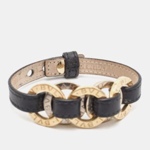 Bvlgari Two Tone Interlocking Circles Black Leather Two Tone Bracelet