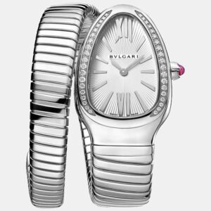 bvlgari white stainless steel diamond serpenti tubogas 101816 women's wristwatch 35 mm