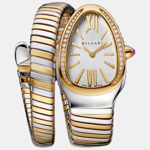 bvlgari white 18k yellow gold stainless steel diamond serpenti tubogas 103648 women's wristwatch 35 mm