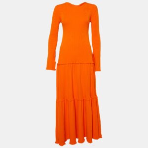 Carolina Herrera Orange Rib Knit Tiered Long Dress S