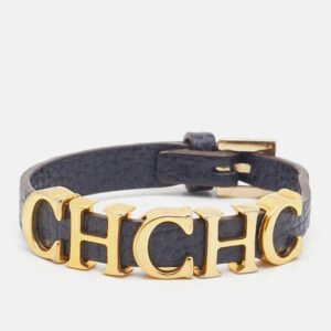 Carolina Herrera Navy Blue Leather Gold Tone Logo Charm Bracelet