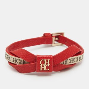 Carolina Herrera CH  Red/Beige Monogram Canvas and Leather Gold Tone Ribbon Bracelet