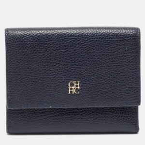 Carolina Herrera Navy Blue Leather Logo Trifold Wallet