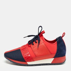 Carolina Herrera Red/Blue Leather and Suede Low Top Sneakers Size 38