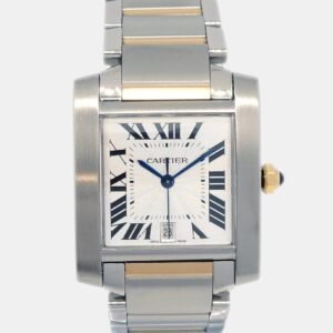 Cartier Silver 18k Yellow Gold Stainless Steel Tank Francaise 2302 Automatic Women's Wristwatch 27 mm