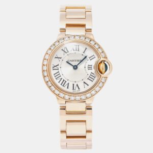 Cartier Silver 18K Rose Gold Diamonds Ballon Bleu WJBB0015 Quartz Women's Wristwatch 28mm