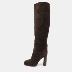 Casadei Brown Suede C Chain Embellished Calf Length Boots Size 36