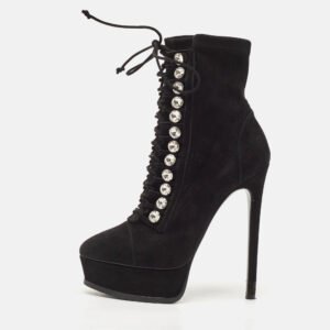 Casadei Black Suede Crystals Platform Ankle Length Boots Size 36
