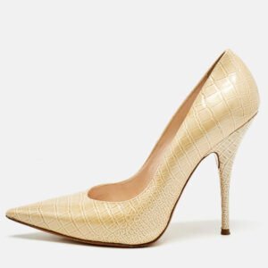 Casadei Beige Croc Embossed Patent Leather Pointed Toe Pumps Size 38.5