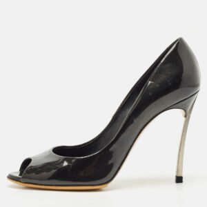 Casadei Black Patent Leather Peep Toe Pumps Size 37.5