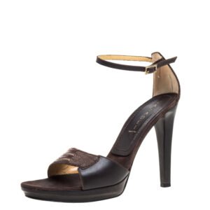 Casadei Brown Leather and Ostrich Leg Ankle Strap Platform Sandals Size 40