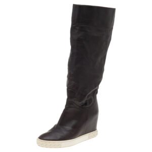 Casadei Brown Leather Wedge Mid Calf Boots Size 38