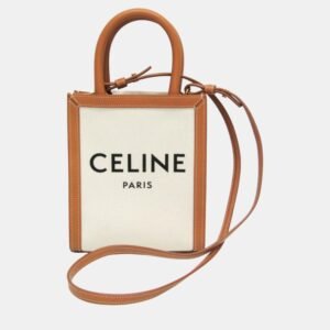 Celine Light Brown/Off-White Leather/Canvas Vertical Cabas Mini Logo Tote Bag