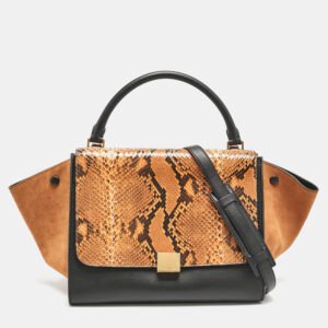 luxury-women-celine-used-handbags-p1133210-009.jpg Celine Orange/Black Python, Leather and Suede Medium Trapeze Top Handle Bag