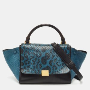 celine blue/black python and leather small trapeze top handle bag