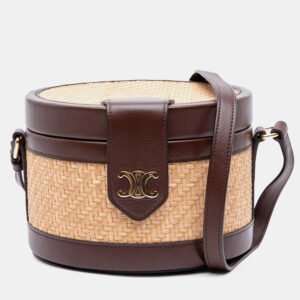 celine beige brown raffia and calfskin triomphe tambour medium vanity bag