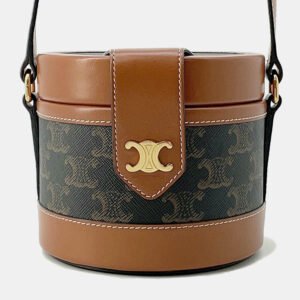 luxury-women-celine-used-handbags-p1153913-002 Celine Tan PVC Coated Canvas and Leather Triomphe Tambour Small Shoulder Bag