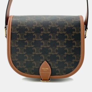 luxury-women-celine-used-handbags-p1153914-002 Celine Tan PVC Coated Canvas and Leather Triomphe Folco Medium Shoulder Bag