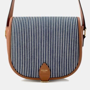 Celine Blue, White, and Brown Canvas and Leather Striped Folco Medium Shoulder Bag