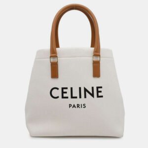 Celine White and Brown Canvas and Leather Horizontal Cabas Tote Bag
