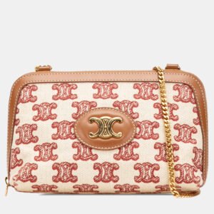 Celine Beige/Brown Triomphe Embroidered Canvas Clutch On Chain