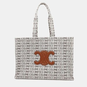 Celine White Tan Canvas Leather Triomphe Cabas Large Tote Bag
