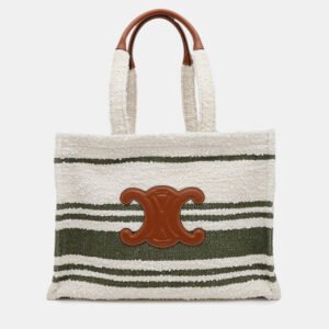 Celine Triomphe Large Cabas Thais White/Green Canvas Leather Large  Tote Bag