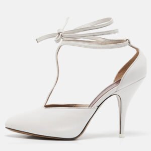 Celine White Leather Night Out T-Strap Ankle Wrap Sandals Size 37.5