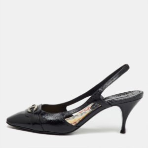 luxury-women-celine-used-shoes-p1142709-001 Celine Black Leather Logo Slingback Pumps Size 37.5