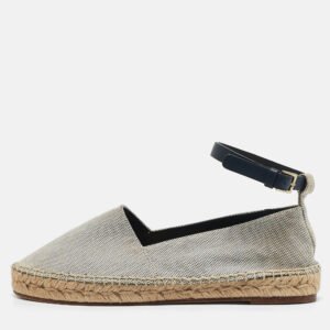 Celine White/Navy Blue Canvas Ankle Strap Espadrille Flats Size 38