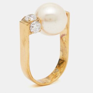 Carolina Herrera Faux Pearl Crystal Gold Tone Ring Size 52