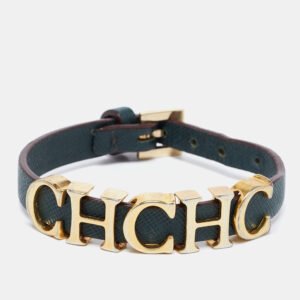 CH Carolina Herrera Forest Green Leather Logo Charms Wrap Bracelet
