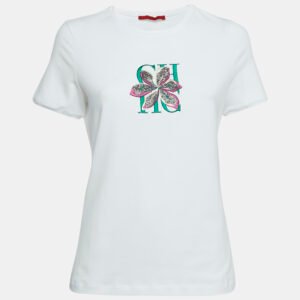 CH Carolina Herrera White Logo Flora Embroidered Jersey T-Shirt S