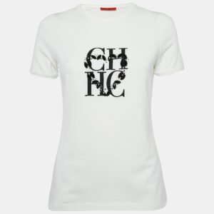 CH Carolina Herrera White Logo Embellished Cotton Knit T-Shirt S